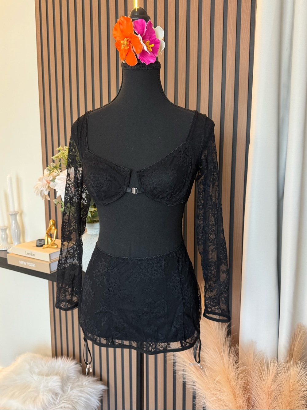Black Lace Long-Sleeve Bralette & Skirt Set